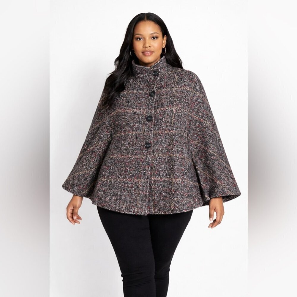 Toni T Gray Tweed Cape Jacket Size 3X Wool Alpaca Blend Button Front Poncho Coat